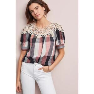 By Anthropologie Cream Blue Red Crochet Trimmed Plaid Cottagecore Top XS